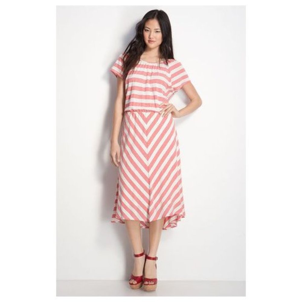 ELLA MOSS Calico Short Sleeve Stripe Hi-Lo Midi Dress Red sz S Women's Casual